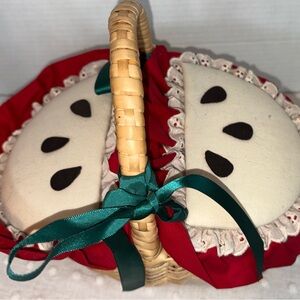 Handmade Apple-Themed Wicker Basket with Red & Cream Fabric Picnic